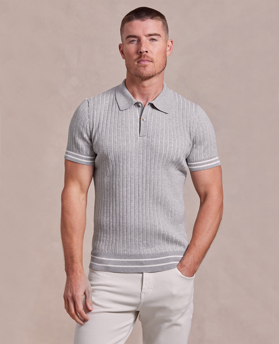 The Tristan - Cashmere Cable Knit SS Polo - Grey/Ecru